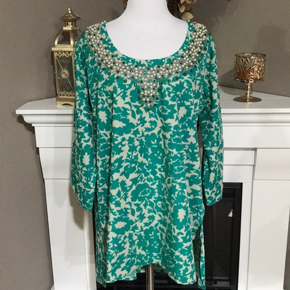 Soft Surroundings Tops - Soft Surroundings Teal/Beige Jeweled Neck Tunic